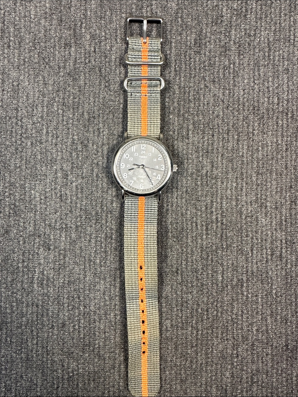 Timex Weekender Watch T2N649 Quartz Indiglo Gray Orange Nylon Strap Band Steel